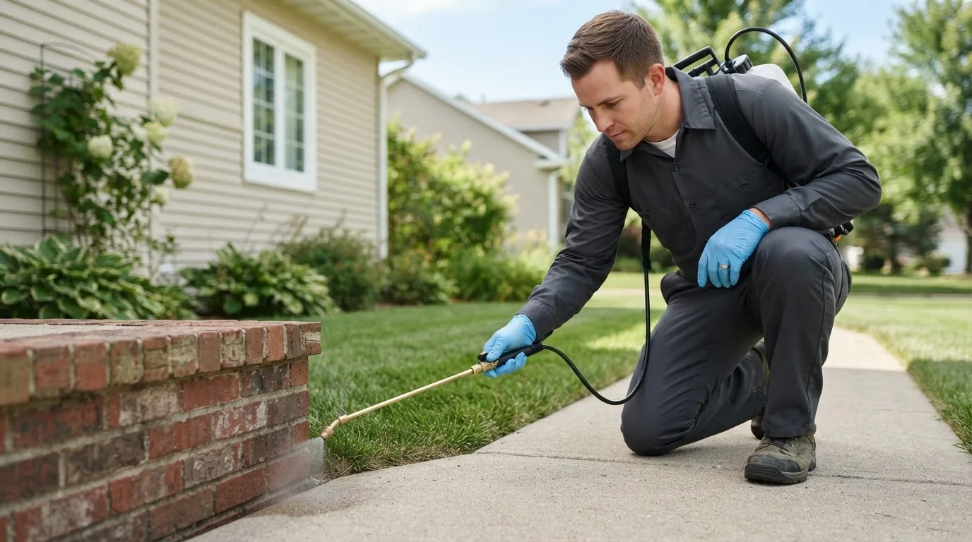 Pest control technician treating a home near Superior, NE